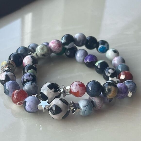 Hand crafted Colorful orca cow print ONE NEW stretch bracelet stars silver tone - Picture 8 of 8